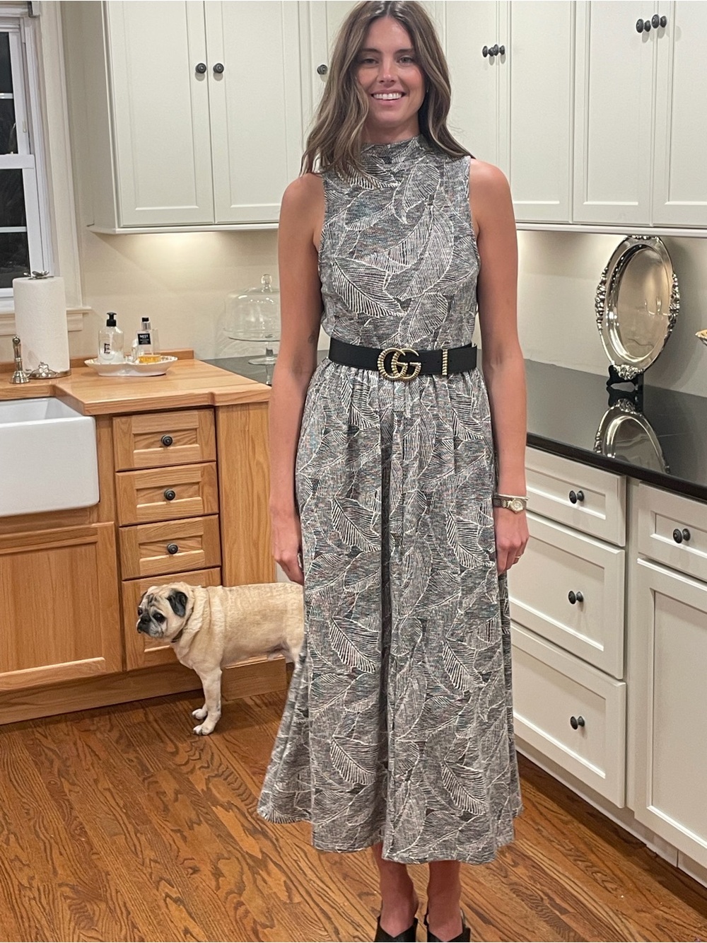 Anthropologie Gray and White Leaf-Print Maxi Dress